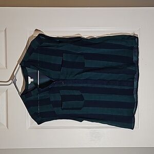I LOVE H81 Casual Striped Semi Sheer Sleeveless Blouse Blue Green Shirt Size L